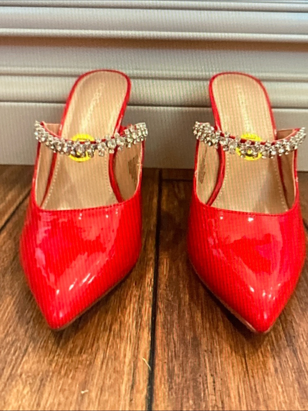 Patent Red Pointed-Toe Mule with Crystal Strap